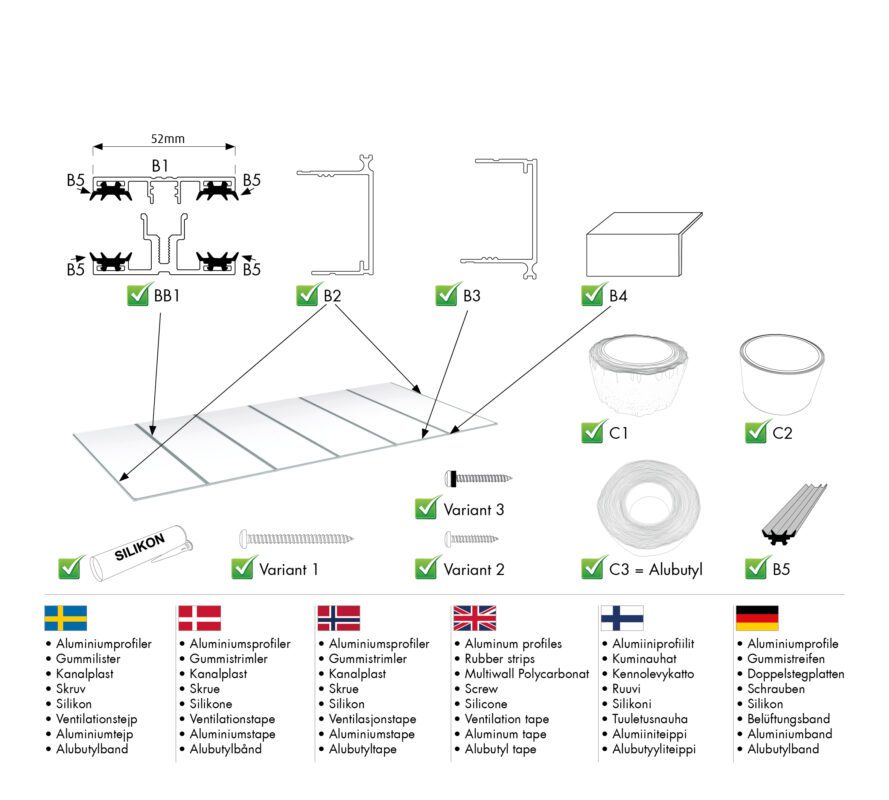 Delar till kompletta kanalplasttak - bärande profiler